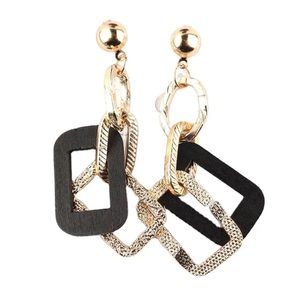 Multi-Shape Colorful Wooden with Gold-Tone Dangle Earrings, Push Back Closure - Picture 13 of 13